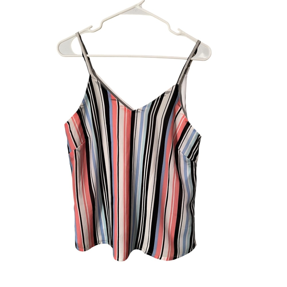 Japna Women's Sz Medium V-Neck V-Back Swing Tank Top Camisole White Pink Stripes